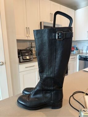Via Spiga Black Leather Riding Boots with Buckle